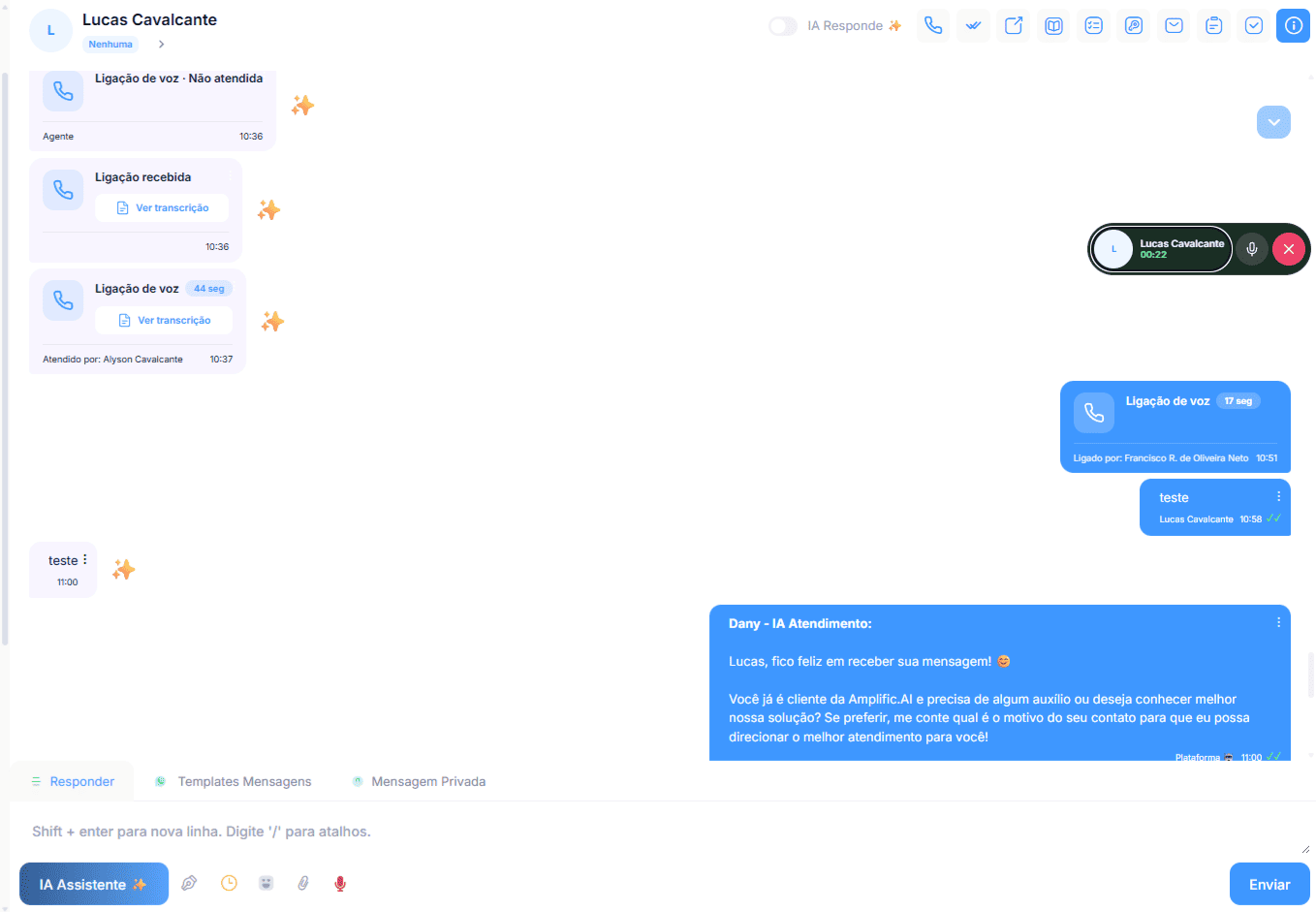 Chat do Amplific.AI com ligações VoIP no WhatsApp, gravações e transcrição com IA