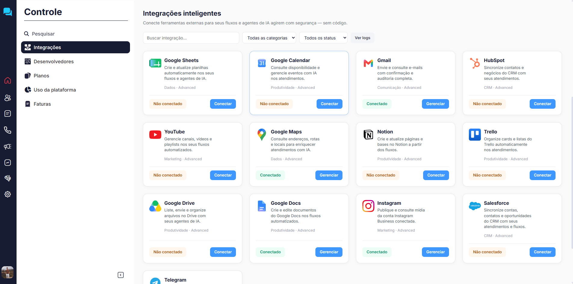 Tela de integrações do Amplific.AI com catálogo Gmail, Google Sheets, HubSpot e demais apps